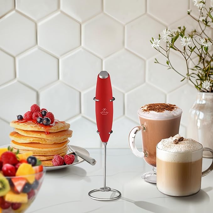 Zulay Kitchen Powerful Milk Frother Wand - Ultra Fast Handheld Drink Mixer - Electric Whisk Foam Maker for Coffee, Lattes, Cappuccino, Frappe, Matcha & Coffee Creamer - Milk Boss Cardinal Red
