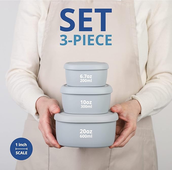 BLUE GINKGO Nesting Silicone Containers - Set of 3 Hard-Shell Silicone Food Storage Containers | BPA Free, Airtight, Dishwasher and Freezer Safe (6.7oz, 10oz, 20oz) - Grey