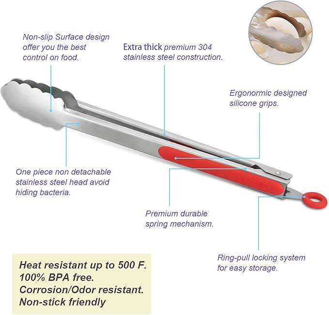 304 Stainless Steel Kitchen Cooking Tongs, 9" and 12" Set of 2 Sturdy Grilling Barbeque Brushed Locking Food Tongs with Ergonomic Grip, Red