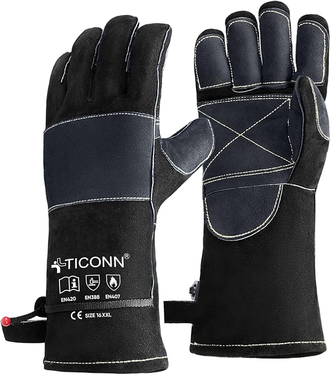 TICONN Welding Gloves, 1000°F Heat-Resistant Fireproof Leather Gloves for Welders, Stick, Forge, Mig, Tig, BBQ, Baking, Oven
