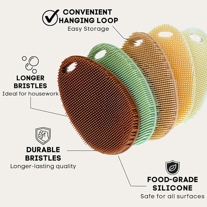 Silicone Sponge Dish Scrubber - Food Grade and Housecleaning - BPA Free Silicone Kitchen Scrubber [5 Pack Ovals Fall]
