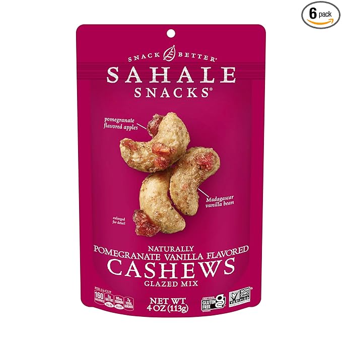 Sahale Snacks Pomegranate Vanilla Cashews, 4 oz Pouches (6 Packs) - Dry-Roasted Deluxe Mixed Nuts with Pomegranate Infused Apples & Madagascar Vanilla - Non-GMO, Kosher, & Certified Gluten-Free Snacks