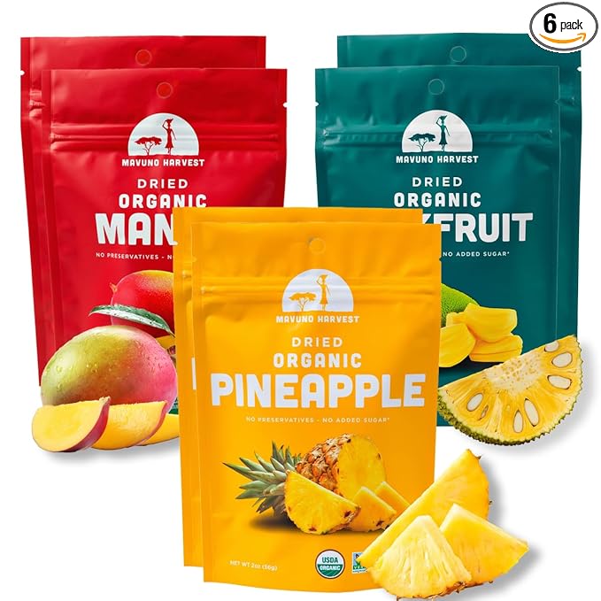 Mavuno Harvest Organic Dried Fruit Variety Pack | Dried Mango, Pineapple, and Jackfruit | Healthy, Vegan, No Sugar Added, Non GMO Snacks for Kids & Adults | 2 Ounce, Pack of 6