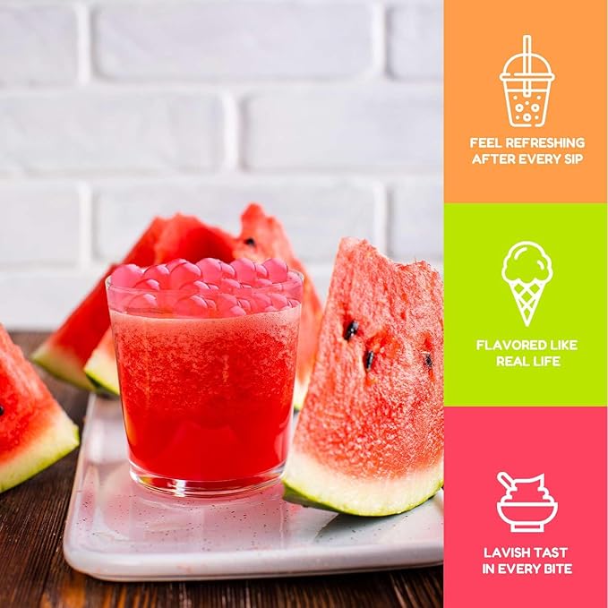 Fanale Watermelon Popping Boba Pearls, Vegan, Non GMO, Gluten Free, Fat Free, Perfect for Bubble Tea, Smoothies, Ice Cream, Desserts, and Beverages.