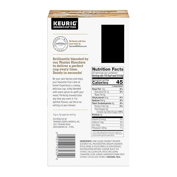 Twinings Chai Latte Black Tea K-Cup Pods for Keurig, 22 Count (Pack of 1), Creamy, Slightly Sweet, Less Sugar, Caffeinated, Enjoy Hot or Iced
