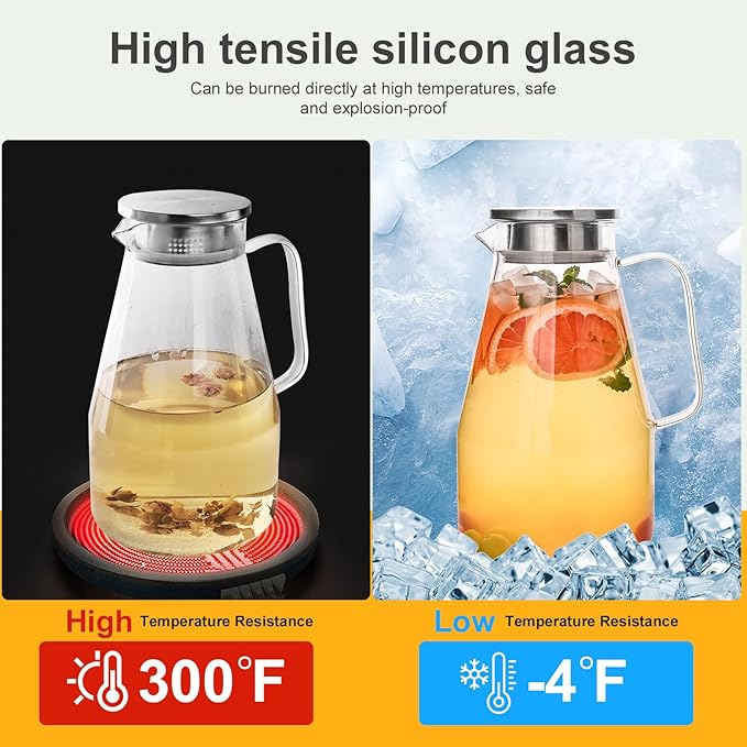Glass Pitcher with Lid,1 Gallon Glass Water Pitcher Hot/Cold Water Jug, Juice and Iced Tea Beverage Carafe with Lid (Extra-Wide Mouth)