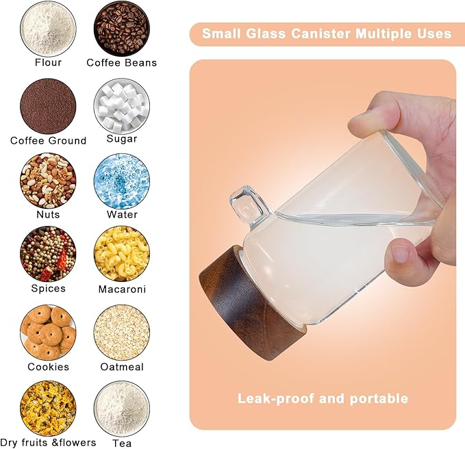 Glass Coffee Jars Spice Jar Round Storage Canister with Wooden Lid Clear Glass Food Jar for Pantry Sugar Tea Coffee Bean Spice Nuts Cookies Bath Salts (2×250ml(8.4oz) with scoop)