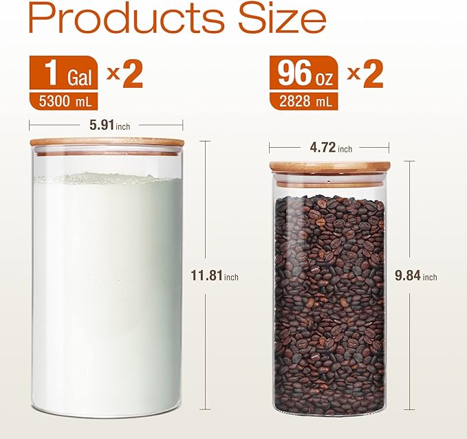 Large Glass Flour and Sugar Containers 180oz x2 & 93oz x2 [Set of 4], Glass Food Storage Containers with Bamboo Lids, Glass Jar with Airtight Lid for Spaghetti Pasta,Rice,Cereal,Coffee, Oat