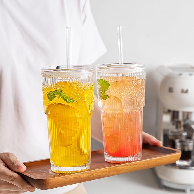 INSETLAN 20oz Ribbed & Floral Glass Tumblers with Lids and Glass Straws, Set of 4 – Iced Coffee Cups, Reusable Drinking Glasses for Water, Smoothies, Tea, and Juice – Perfect for Travel & Daily Use
