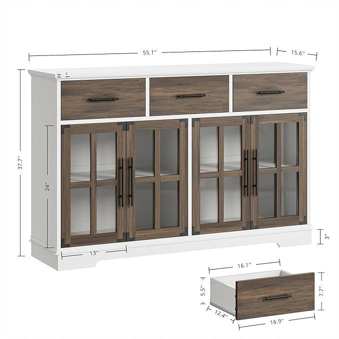 IRONCK Buffet Cabinet with Storage, 55" Large Sideboard Buffet Storage with LED Lights, Farmhouse Coffee Bar Wood Liquor Cabinet for Kitchen, Dining Room, White and Oak