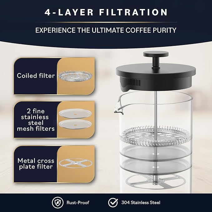Home Hero French Press Coffee Maker - 34 oz Coffee Press with Bamboo Wood Handle, Heat Resistant Thick Borosilicate Glass French Presses, 4 Layer Filter, French Press Stainless Steel (Black)