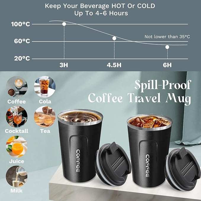 YINBAOGE Insulated Travel Coffee Mug Spill Proof Leak Proof Pobtable To Go Camping Stainless Steel Coffee Tumbler Reusable Coffee Cups with Lids Thermos for Hot and Cold Drink (2nd-Black, 12 OZ)