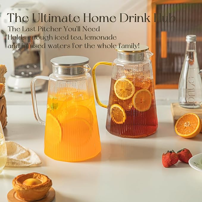 [2 Pack] Ribbed Glass Pitcher Set – 71oz Heat-Resistant Beverage Jugs with Lid for Water, Iced Tea, Juice, Coffee – Large Borosilicate Carafes for Hot & Cold Drinks, Elegant Serving Pitchers