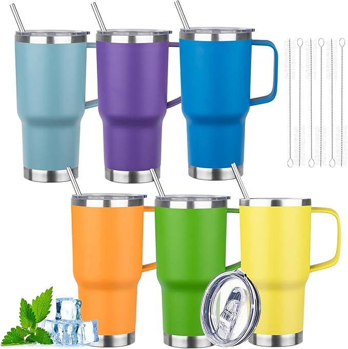 20oz Insulated Tumbler with Handle Stainless Steel Travel Coffee Mug with Lid and Straw Double Wall Vacuum Leak-proof Reusable Thermal Water Cup for Hot and Cold Drinks (Multicolor-9,6 Pack)