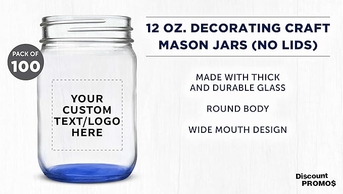 DISCOUNT PROMOS Custom Decorating Mason Jars 12 oz. Set of 100, Personalized Bulk Pack - Glass Jars for Overnight Oats, Candies, Fruits, Pickles, Spices, Beverages - Blue