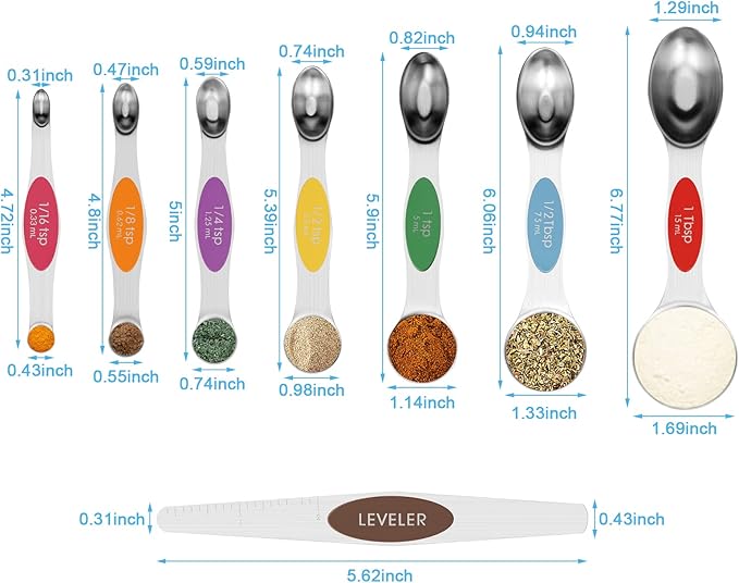 Aovchei 8 PCS Magnetic Measuring Spoons Set, Dual Sided, Stainless Steel Small Tablespoon, Teaspoons, Fits in Spice Jars, for Dry and Liquid, Multi-Color