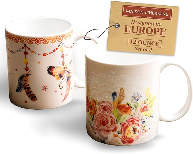 Maison d' Hermine Coffee Mug with Handles Fine Bone China Mugs Pack of Two Tea Cups for Hot Beverages Cappuccino Latte Home Restaurant Office Perfect for Gift (Ibiza - Beige, 12 Ounce)