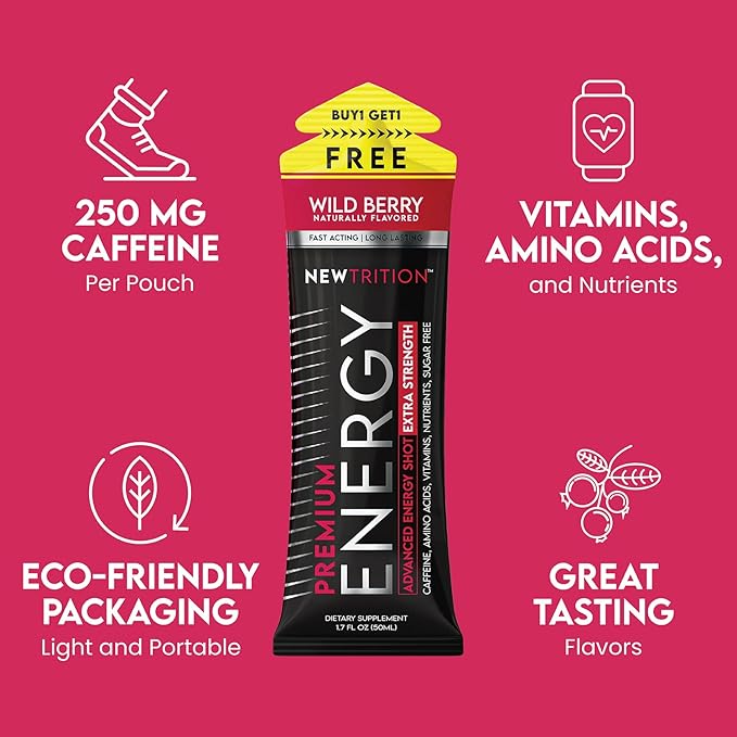 NewTrition® Extra Strength Energy Shots, 1.7 fl oz (Pack of 24, Wild Berry flavor) - 250mg Caffeine with Vitamin B & Amino Acids, Sugar-Free, Zero Calorie Vitamin Energy Drink for Focus & Endurance