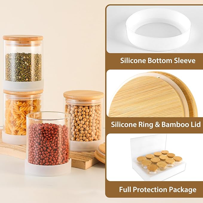 17oz Round Glass Storage Containers with Bamboo Lids – 12 Pack Small Airtight Clear Spice Jars for Pantry Organization, Kitchen Dry Food, Flour, Spice, Coffee Beans, Staples & Snacks