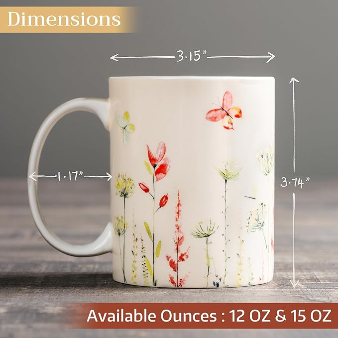 Maison d' Hermine Coffee Mug with Handles Fine Bone China Mugs Pack of One Tea Cups for Hot Beverages Cappuccino Latte Home Restaurant Office Perfect for Gift (Botanical Fresh - Meadow, 12 Ounce)