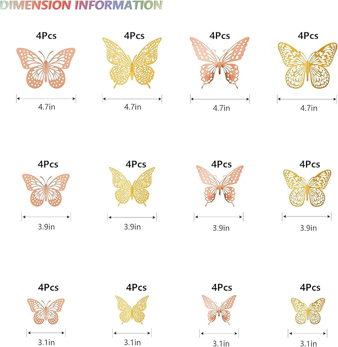 SAOROPEB 3D Butterfly Wall Decor, 48 Pcs 4 Styles 2 Color 3 Sizes, Removable Metallic Wall Sticker Room Mural Decals for Kids Bedroom Nursery Classroom Party Decoration (2 Color)