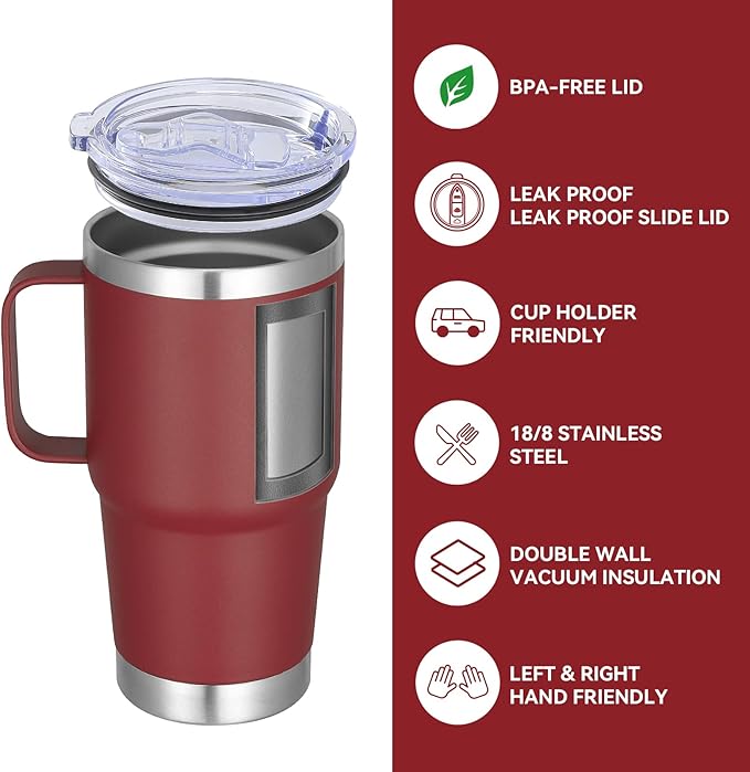 VEGOND 20 oz Tumbler with Handle Lid and Straw, Stainless Steel Insulated Travel Coffee Mug Spill Proof Double Wall Metal Tumbler Cup Keeps Drink Hot and Cold, Wine Red 1 Pack