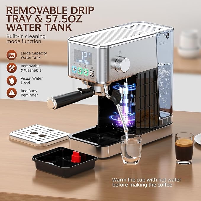 Espresso Machine 20 Bar, Stainless Compact Espresso Maker with Steam Milk Frother, 57.5OZ Water Tank, Touch Screen Indicator of Making Time, for Latte, Cappuccino, Silver (2025 updated model)
