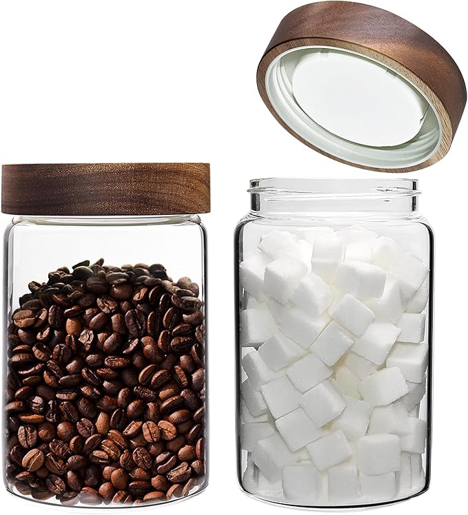 Glass Coffee Jars Spice Jar Round Storage Canister with Wooden Lid Clear Glass Food Jar for Pantry Sugar Tea Coffee Bean Spice Nuts Cookies Bath Salts (900ML*2PACK)