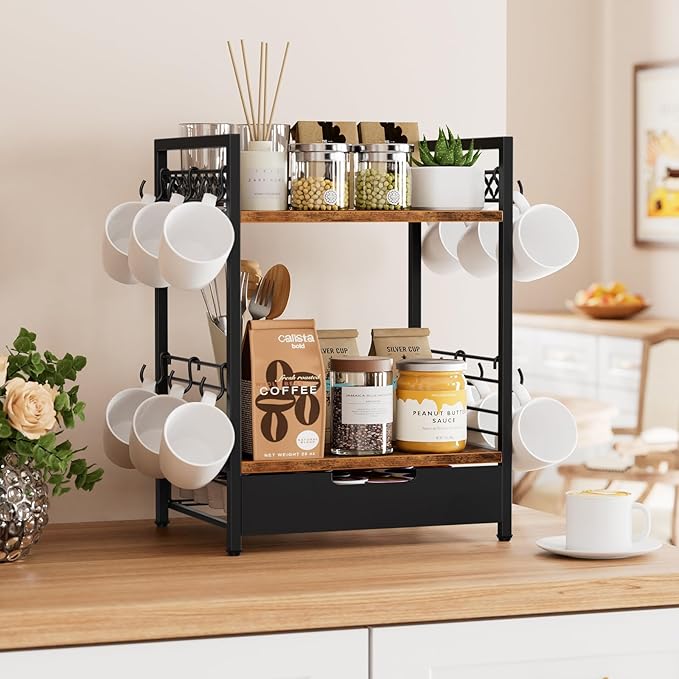 Coffee Bar Organizer Countertop, 2 Tier Mug Cup Holder Stand with 12 Hooks, 30 K Cup Coffee Pod Drawer with Mug Rack, Multifunctional Shelf Organizer for Accessories Station Kitchen (Brown)