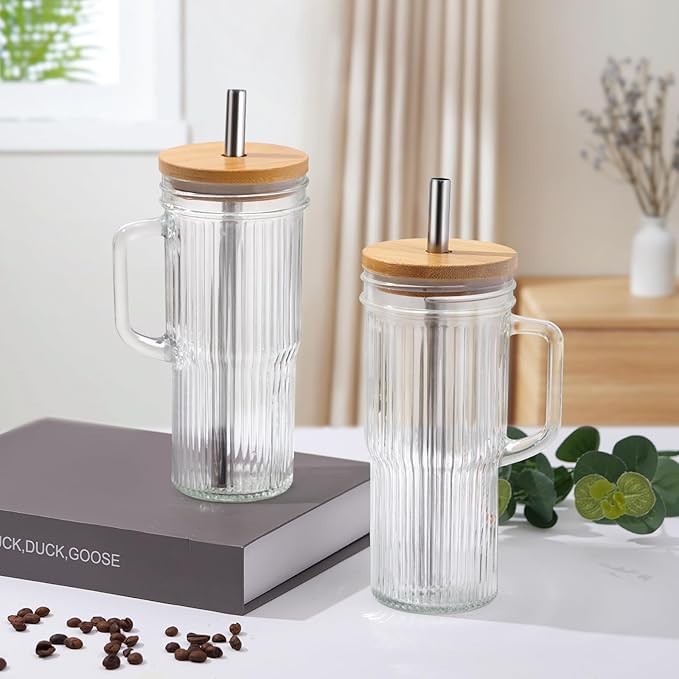 24Oz Ribbed Glass Tumblers with Lids and Straws, Glass Tumbler with Handle, Vintage Glass Cups Thick Drinking Glasses Set of 4, Ideal for Iced Coffee, Smoothies, Cocktails, Tea and Juices