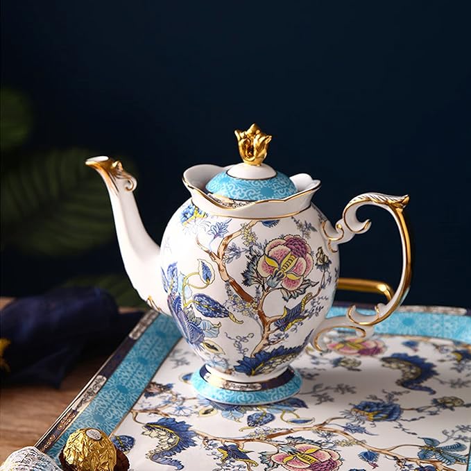 ACMLIFE Tea Sets for Adults for 6, Blue Tea Set with Cups, Fine Bone China 24K Gold, Tea Pot and Cups Set, Vintage British English Porcelain Afternoon Service Sets for Women Tea Party for Luxury Gift