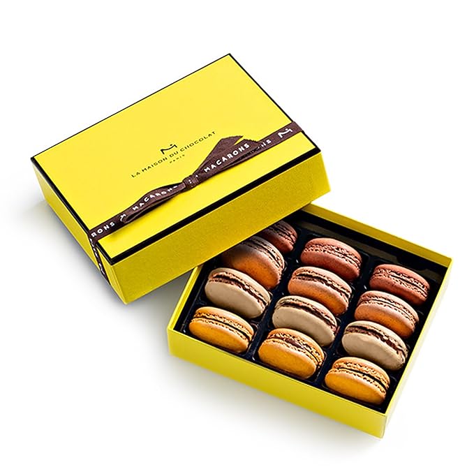 La Maison Du Chocolat Premium Macaron Gift Box - 12pcs Gourmet French Dark Chocolate Filling with Shells in Assorted Flavors