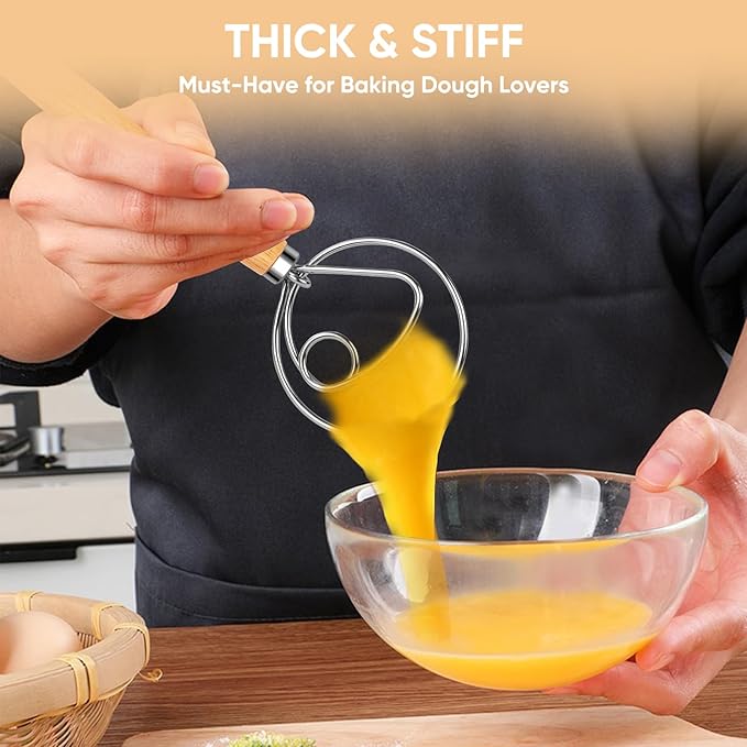 Maxjoy Danish Dough Whisk Wooden Dutch Bread Mixer with Stainless Steel Hook for Sourdough Baking Hand Tool