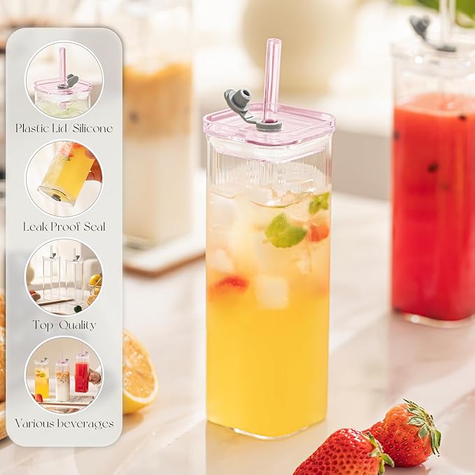6PCS Pink Square Drinking Glass Cups, 17 Oz Modern Glassware with Lids & Straws - Old Fashioned Cocktail Glasses for Juice, Iced Coffee, Bubble Tea, Party Drinkware