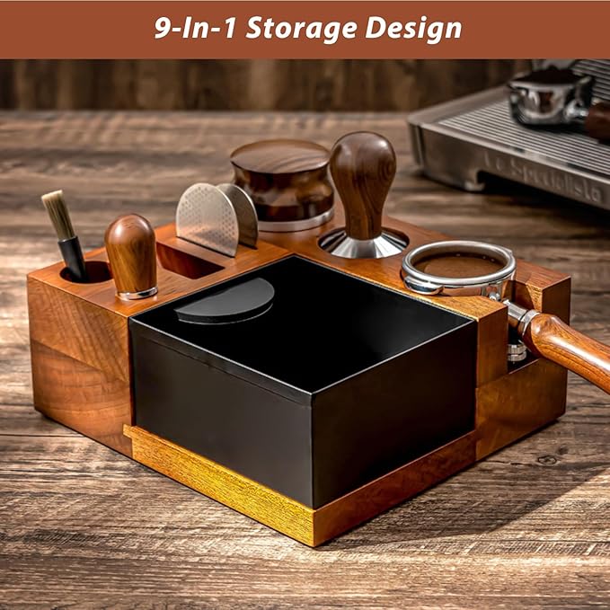 Espresso Tamping Station Knock Box - 9 in1 Espresso Knock Box And Tamp Station Coffee Organizer Fit for 51mm 53mm 54mm 58mm Espresso Tamper Distributor Portafilter Puck Screen Accessories Storage