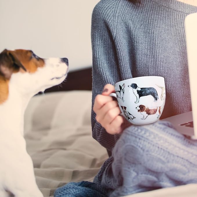 Cute Dog Mugs for Daily Coffee and Tea, Premium 20 oz Bone China Coffee Tea Hug Mug, Perfect Holiday and Birthday Gift for Dog Lovers, Designed in England by Harvest Green Studio