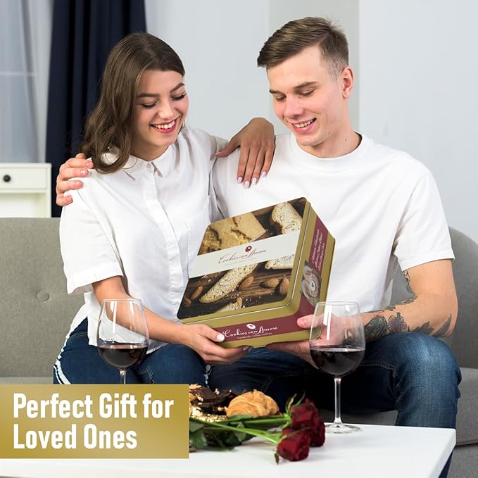 Italian Biscotti Cookie Gift Box, 30+ Pieces Individually Wrapped Gourmet Biscotti - 2Lb Square Tin with Authentic Italian Cookies for Holliday Gifting, Coffee Pairing, and Christmas Celebrations