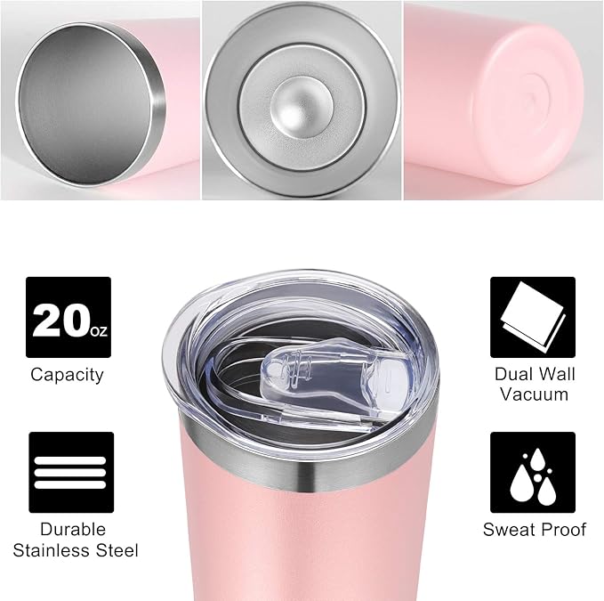 VEGOND Stainless Steel Tumblers Bulk 6 Pack, 20 oz Vacuum Insulated Skinny Tumblers with Lid and Straw, Double Wall Coffee Mug, Travel Water Cup, Light Pink