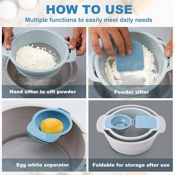 4-in-1 Baking Tools Set, Multifunctional Flour Sifter, Egg Separator, Mixing Bowl & Dough Scraper for Pastry & Cake Making, Send Goods from Local Warehouse
