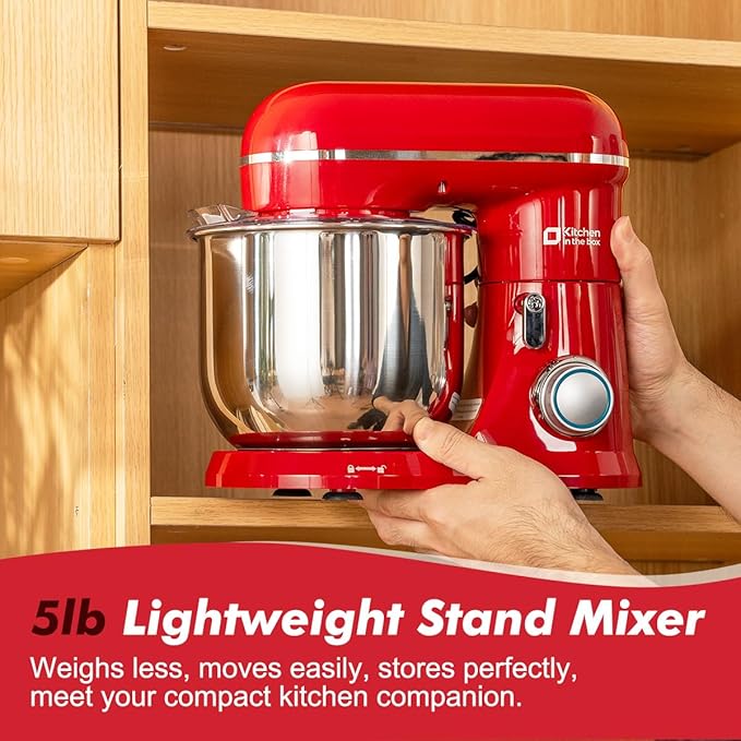 Kitchen in the Box Stand Mixer, 3.5 QT Small Electric Kitchen Mixer, 10-Speed Portable Lightweight Food Mixer with Stainless Steel Bowl, Egg Whisk, Dough Hook, Beater (Ruby Red)