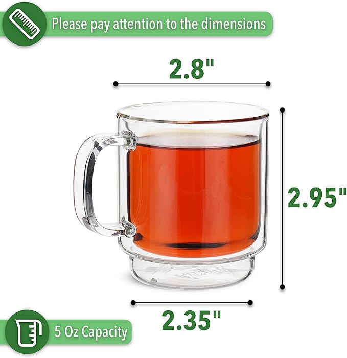 BTaT- Stackable Espresso Cups, Set of 4 (5.0 oz, 150 ml), Double Wall Glass Coffee Mugs, Clear Tea Cup, Demitasse