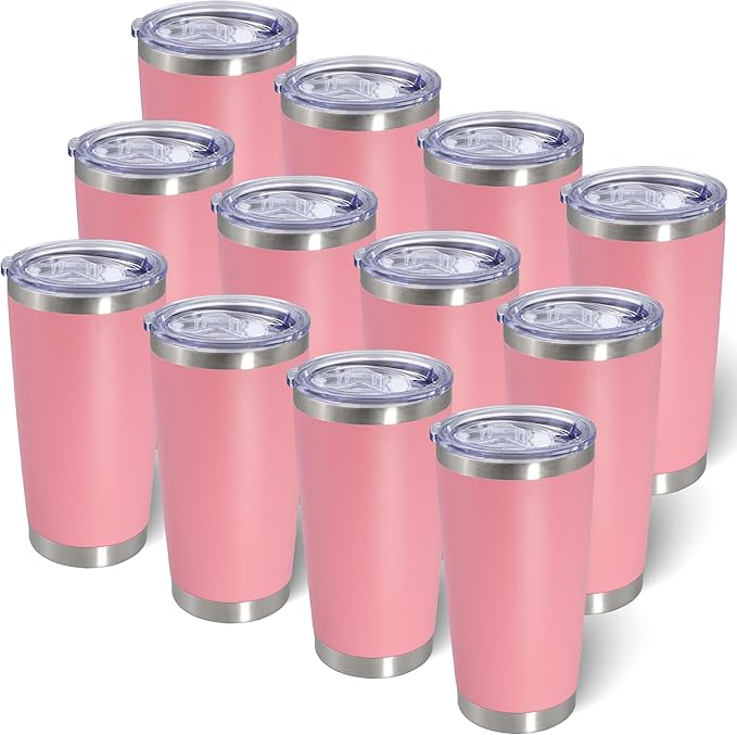 20oz Tumbler Bulk Stainless Steel Tumblers with Lid Vacuum Insulated Double Wall Travel Coffee Mug Powder Coated Tumbler Cup for Hot and Cold Drinks(Pink, 12 pack)