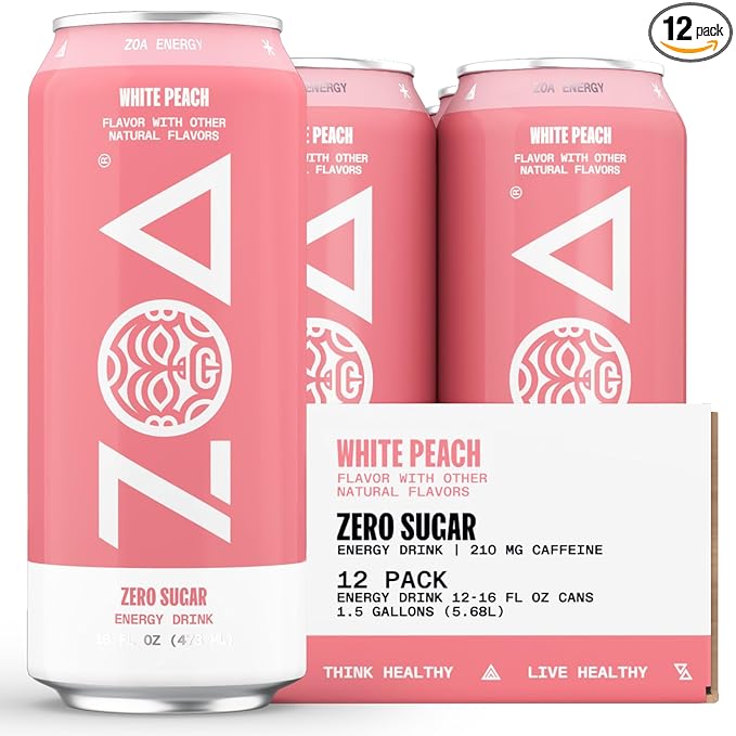 ZOA Zero Sugar Energy Drinks, White Peach - Sugar Free with Electrolytes, Healthy Vitamin C, Amino Acids, Essential B-Vitamins, and Caffeine from Green Tea - 16 Fl Oz (12-Pack)