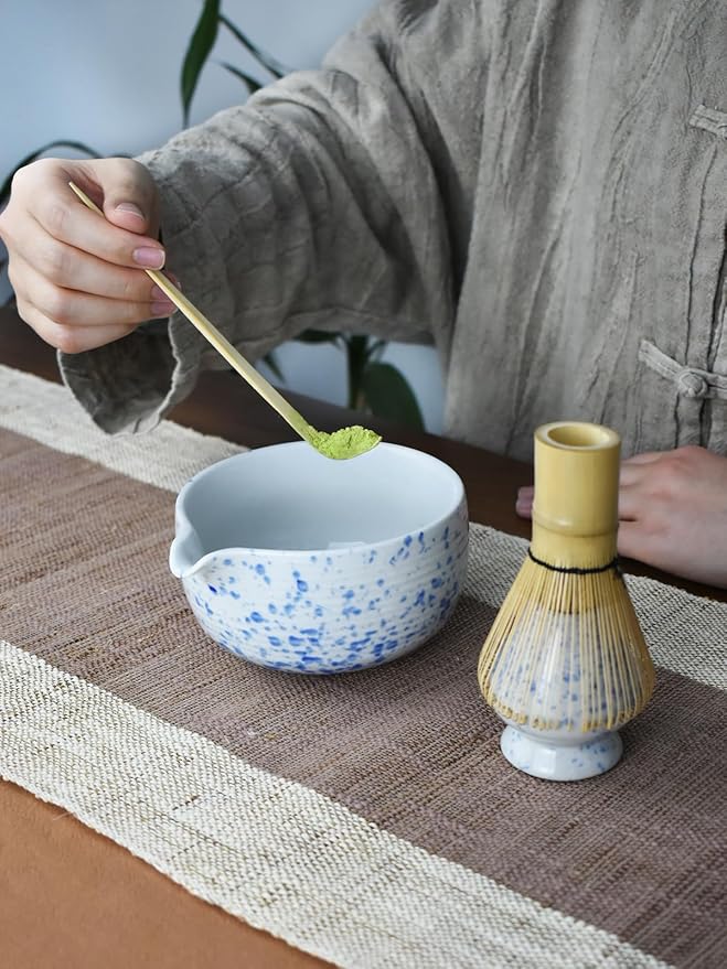 Artcome Matcha Tea Set - Ceramic Matcha Bowl with Pouring Spout, Bamboo Whisk, Whisk Holder, Tea Scoop & Matcha Manual - Complete Traditional Japanese Tea Ceremony Kit for Home, Office, or Gift, Blue