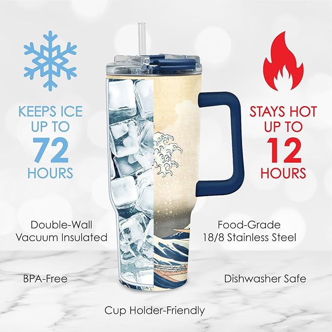 RainCaper 18/8 Stainless Steel Insulated Water Tumbler with Straw | 30oz, BPA-Free, Double Wall for Hot & Cold | Travel-Friendly, Cup Holder Ready (Hokusai The Great Wave)