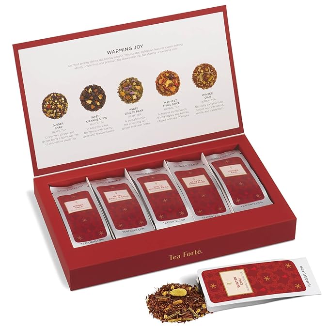 Tea Forte Warming Joy Hoilday Premium Single Steeps Loose Leaf Tea Gift Set Sampler, 15 Count 3 of Each Assorted Blends, Pre-Portioned Single Serve Pouches, Steeps 12 oz