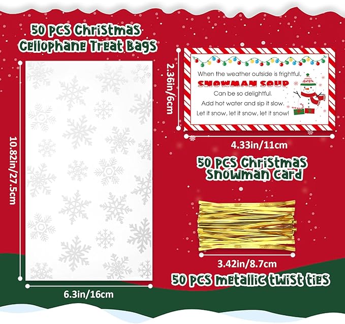 50 Sets Christmas Snowman Soup Kits for Classroom Coworker Gift 12 Oz Winter Snowman Paper Cups for Hot Cocoa Chocolate Marshmallow Soup Tags Clear Xmas Bags (Vibrant)
