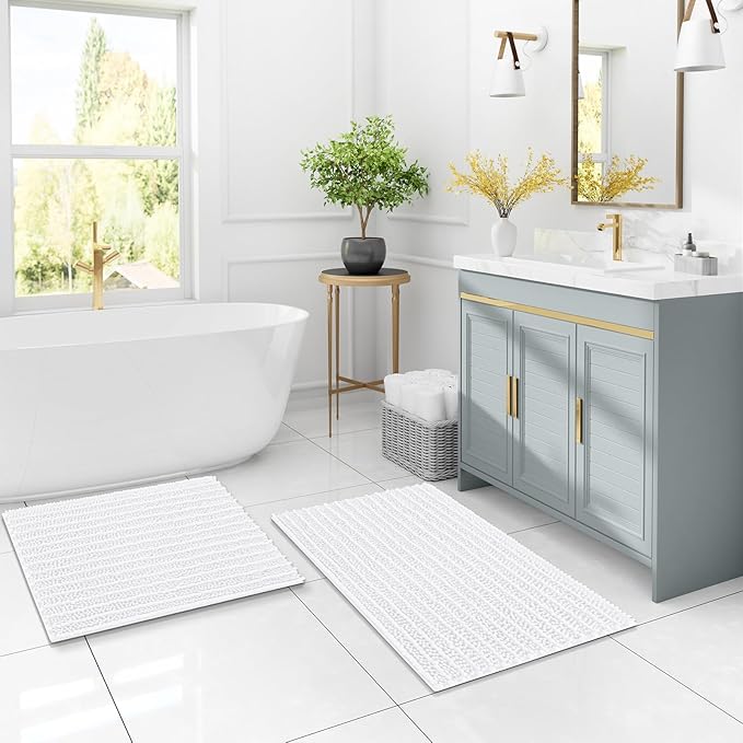 Arotive Luxury Chenille Bathroom Rug Mat, Extra Soft Thick Absorbent Shaggy Bath Rugs, Non-Slip Machine Wash Dry, Plush Bath Mats for Bathroom, Shower and Tub, 47x17, White