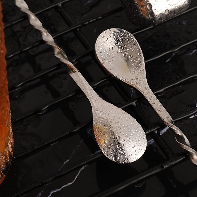AnSaw Silver 10-Inch Stainless Steel Cocktail Spoon with Leaf Handle - Perfect for Mixing & Layering Drinks in Tall Cups, Bar & Shakers - Durable Long Handle Bar Stirrer,2-Pieces