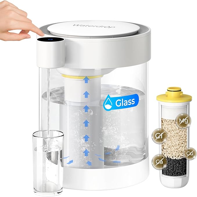 Waterdrop Glass Large 22-Cup Rechargeable Water Filter Dispenser, Reduce 70+ Contaminants, Instant Eco-Friendly Countertop Water Filter System, 5-Stage Soften Water Pitcher, with 1 Filter